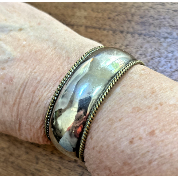 Vintage LATON MEXICO 925 Sterling Silver Cuff Bracelet w/ brass rope twist trim - Picture 3 of 6